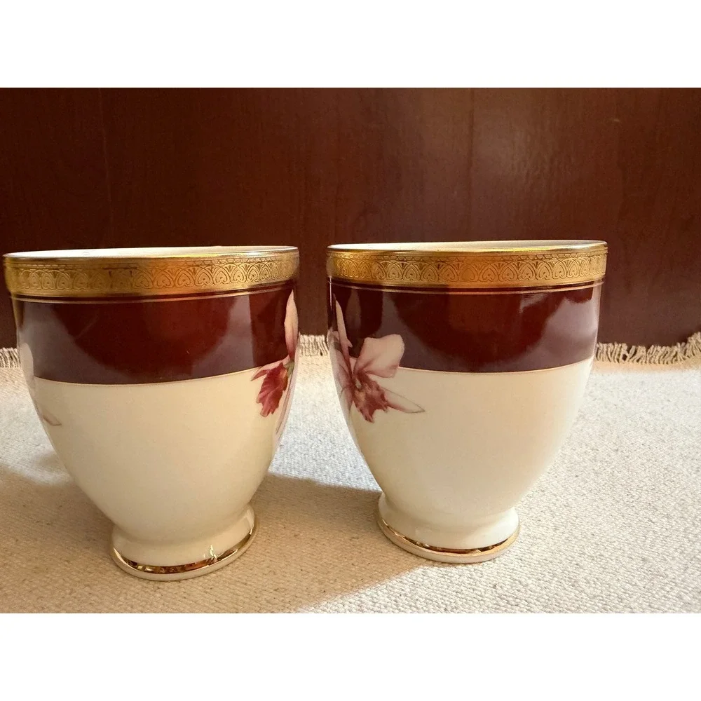 Mikasa Orchid Royal Fine China Tea Cup Set of 2 Burgundy Gold Floral‎